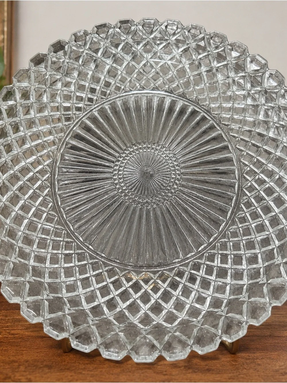 Vintage Clear Pressed Glass Serving Platter 12” Diamond Pattern Scalloped